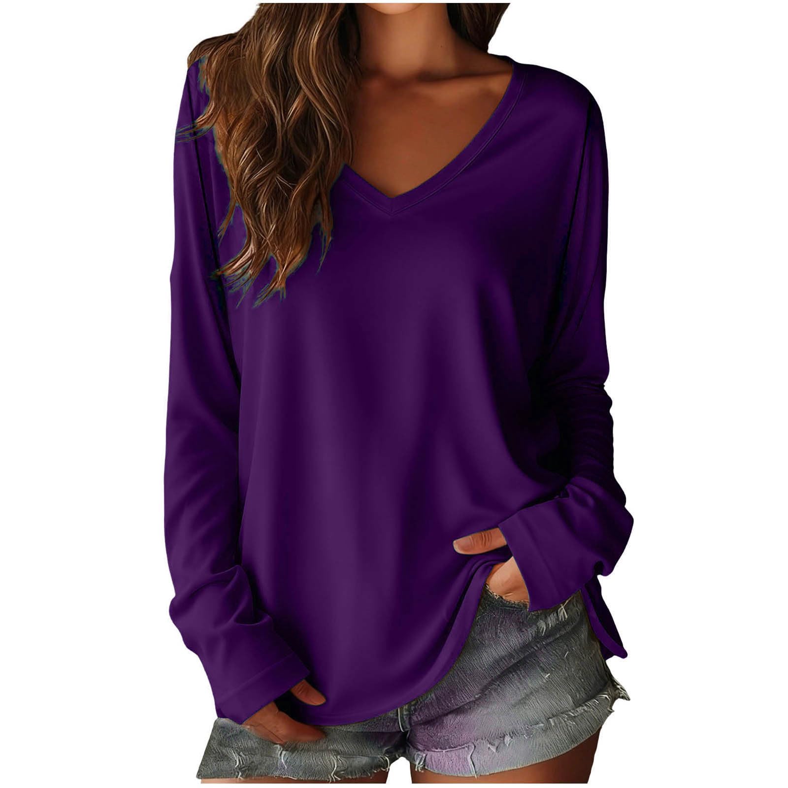 HUYTERTDR Women's T-Shirts Plain Long Sleeve V-Neck Tunic Tops Casual Lightweight Womens T Shirts Soft Pullover Ladies Oversized Tshirt Basic Jumpers Baggy Tees Purple