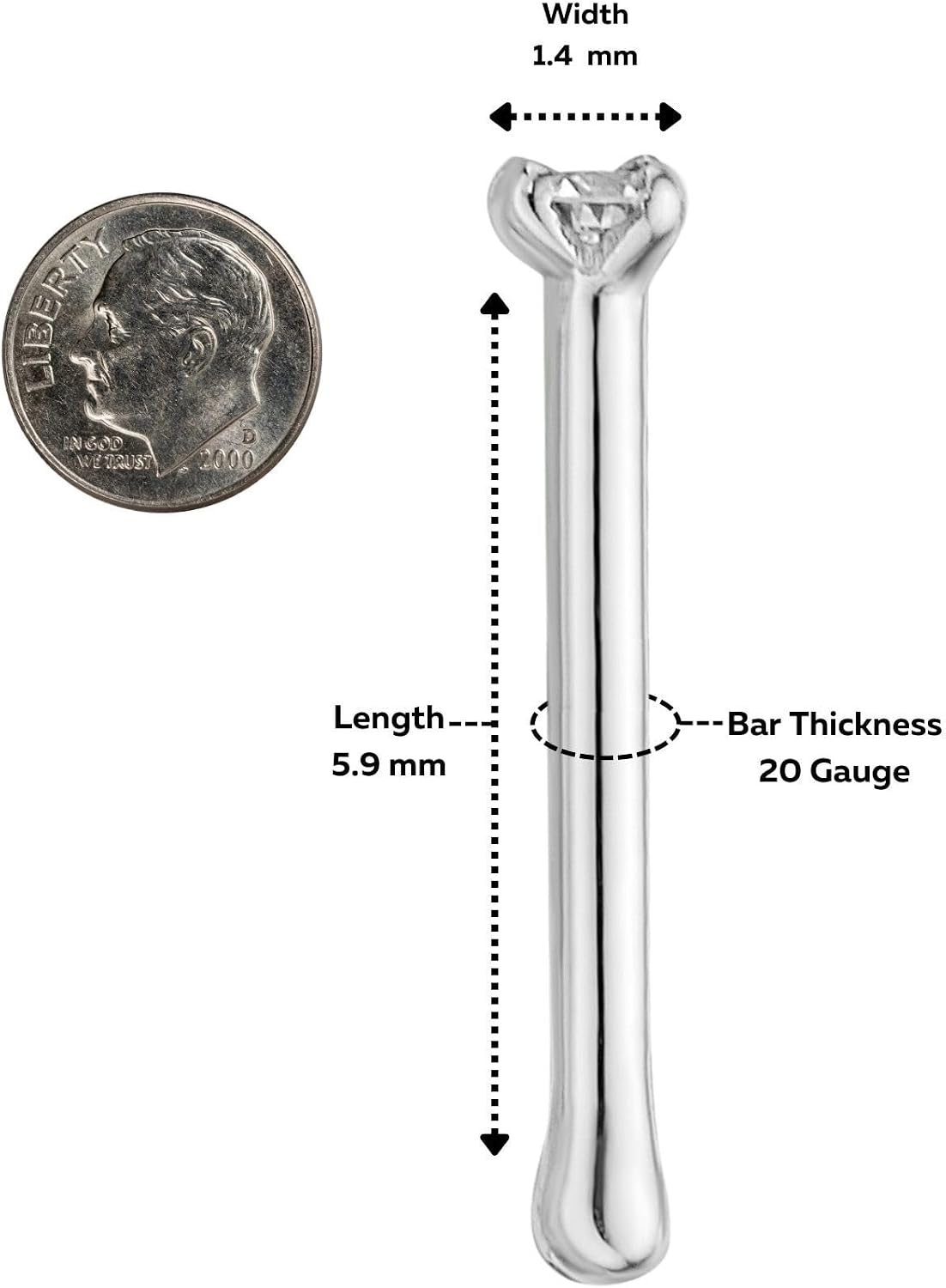 Lavari Jewelers 0.01 to 0.07 Carat Diamond Straight Bone Nose Stud for Women - 14k White or Yellow Gold Nose Ring for Her - 20 Gauge Unisex Hypoallergenic Nostril Jewelry - 20G Body Piercing for Men