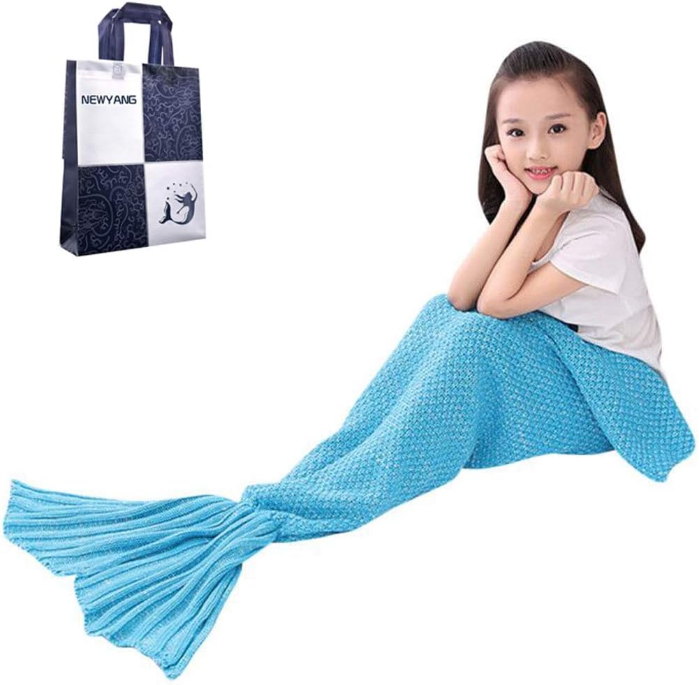 Mermaid Blanket All Seasons Hand Crochet Knitted Mermaid Tail Blanket, Best Girls Gifts Birthday (Kid Light Blue)