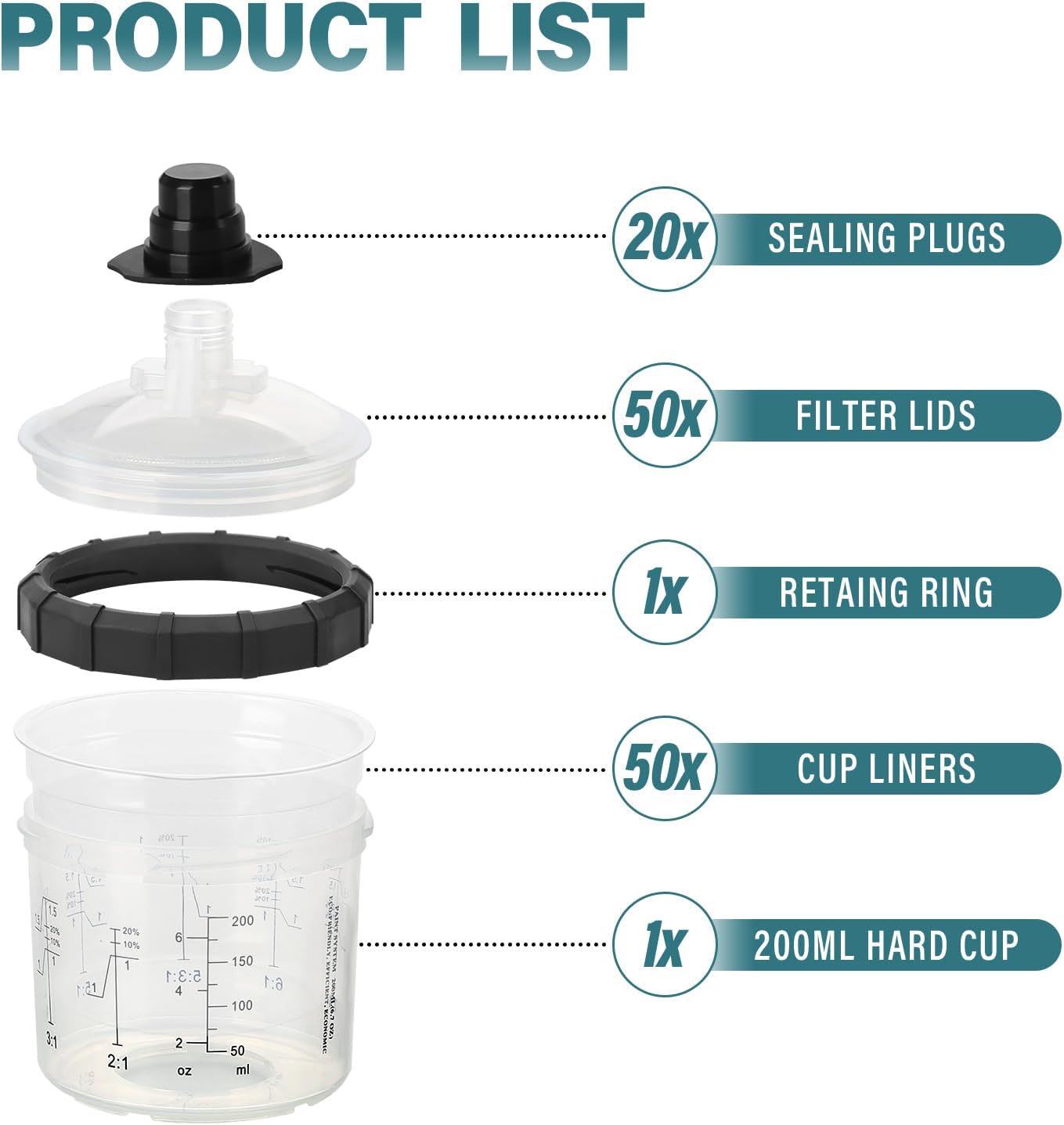 NIHAO Disposable Paint Sprayer Kit with 125 Mic 6.7 Ounce (200ml) Hard Cup, 50 Cup Liners, 50 Lids, 20 Plugs, 1 Retainer Ring Compatible Traditional Series Spray Gun