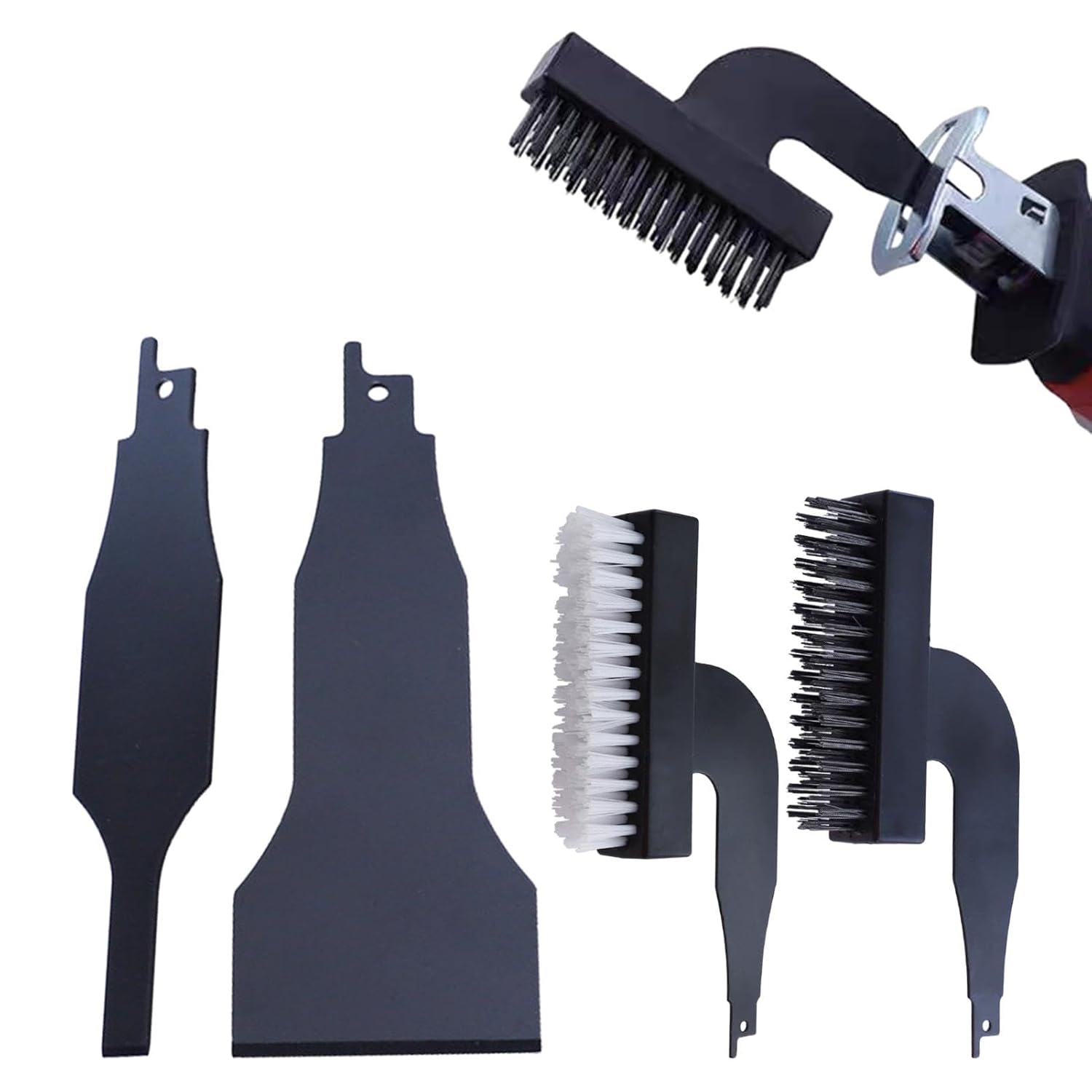 4pcs Reciprocating Saw Spatula Brush Set, Multifunctional Rust Removing Brush Shovel Set Nylon Wire Alloy Steel Abrasive Brushes Reciprocating Blade Saw Cleaning Tool(Color:Black)