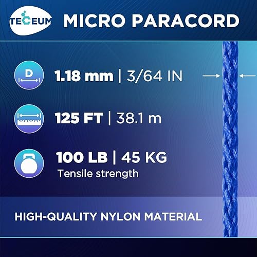 Miniatura 145 de TECEUM Micro Paracord – 0.046 in x 125 pies – Micro cable de utilidad – Cuerda de paracaídas trenzada fina – Lo mejor para manualidades, proyectos