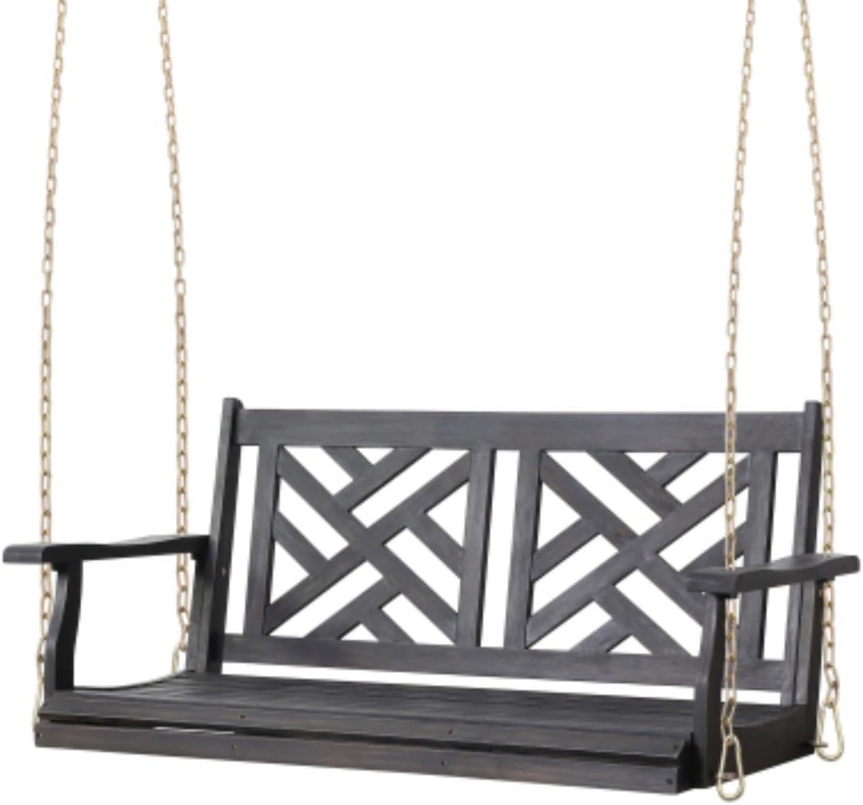 2-Seater Wooden Porch Swing | Wooden Backyard Patio Swing for Adults | Durable Outdoor Swing Bench | Open Herringbone Design | Dark Grey