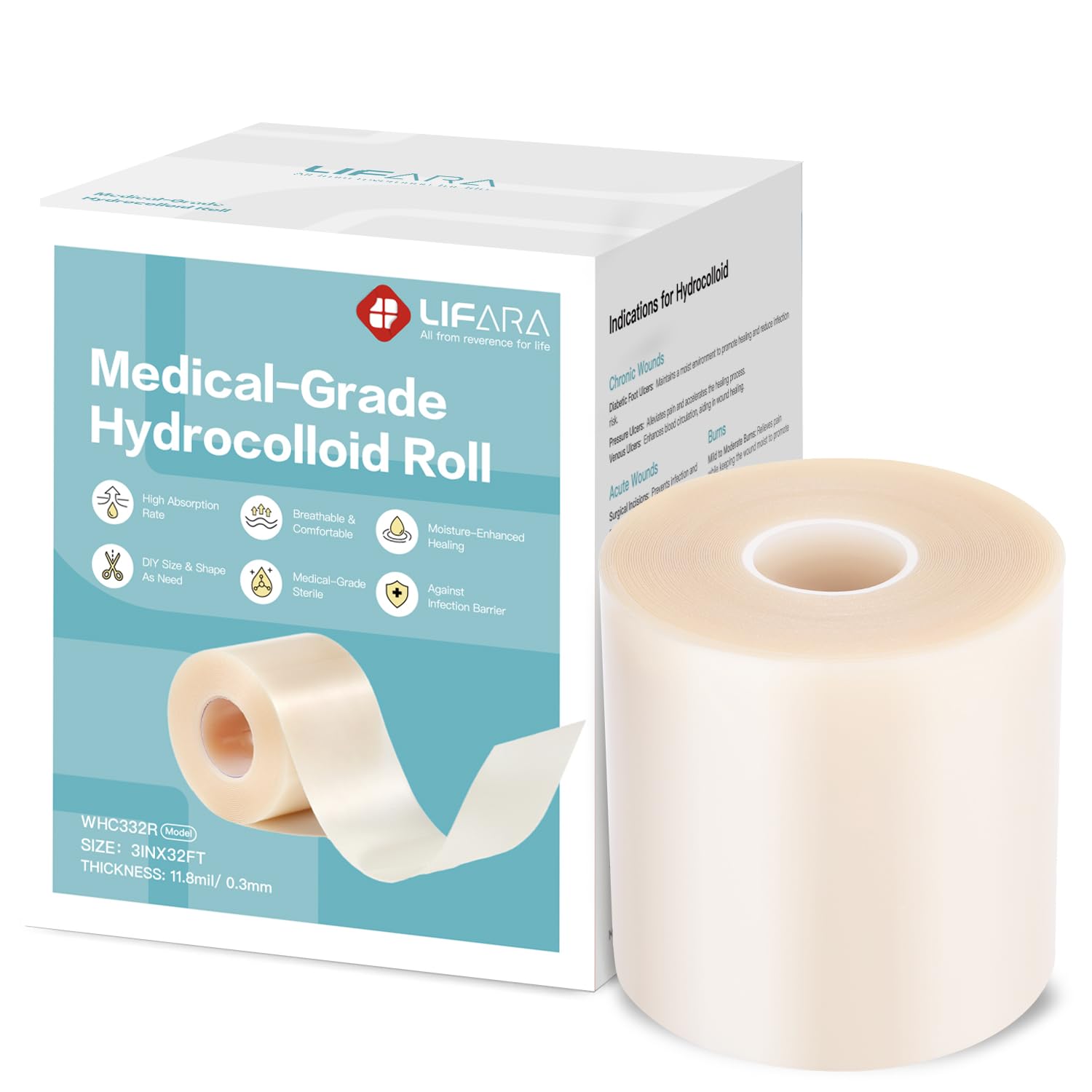 LIFARA Hydrocolloid Roll for Wound Care - Cut-to-Size, Hydrocolloid Patch Bandages with Self-Adhesive, Ultra Absorbent &amp; Waterproof, First Aid Kit Essential (11.8mil/ 0.3mm Thickness, 3in*32ft)