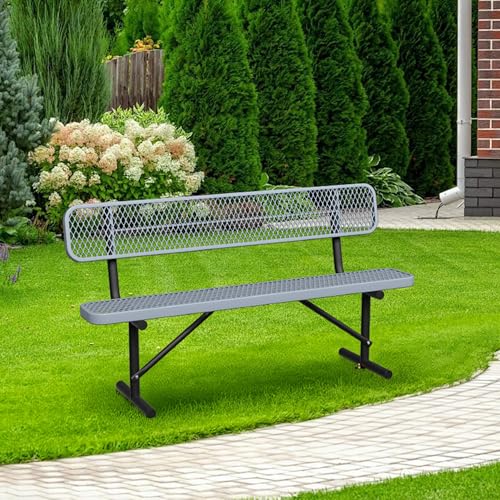 Image of 6ft Gray Metal Park Bench with Backrest, Heavy Duty Outdoor Benches Weatherproof Steel Long Playground Bench Seats, Commercial Garden Benches Red Dock Benches for Lawn, Park, Deck,Patio, Porch