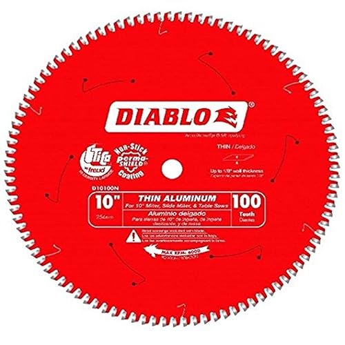 Diablo Hoja de sierra para corte de aluminio fino - 10 pulgadas de diámetro, 100 dientes TCG, eje de 58 pulgadas, corte de .091 pulgadas, ángulo de
