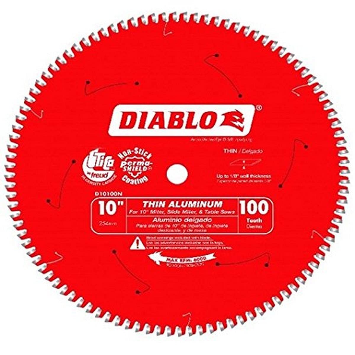 Diablo Saw Blade for Thin Aluminum Cutting - 10" Diameter, 100 TCG Teeth, 5/8" Arbor, .091" Kerf, -5deg Hook Angle, .071" Plate, 6000 Max RPM - D10100N