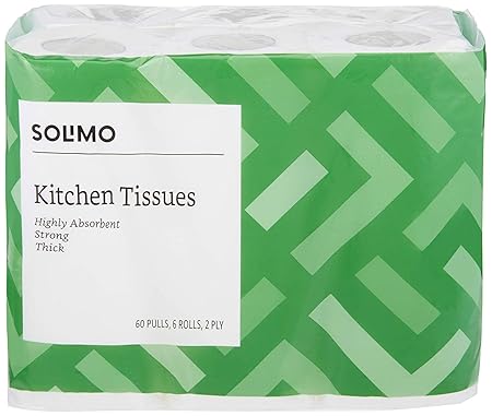 Amazon Brand - Solimo 2 Ply Kitchen Tissue/Towel Paper Roll - 6 Rolls (60 Pulls Per Roll)