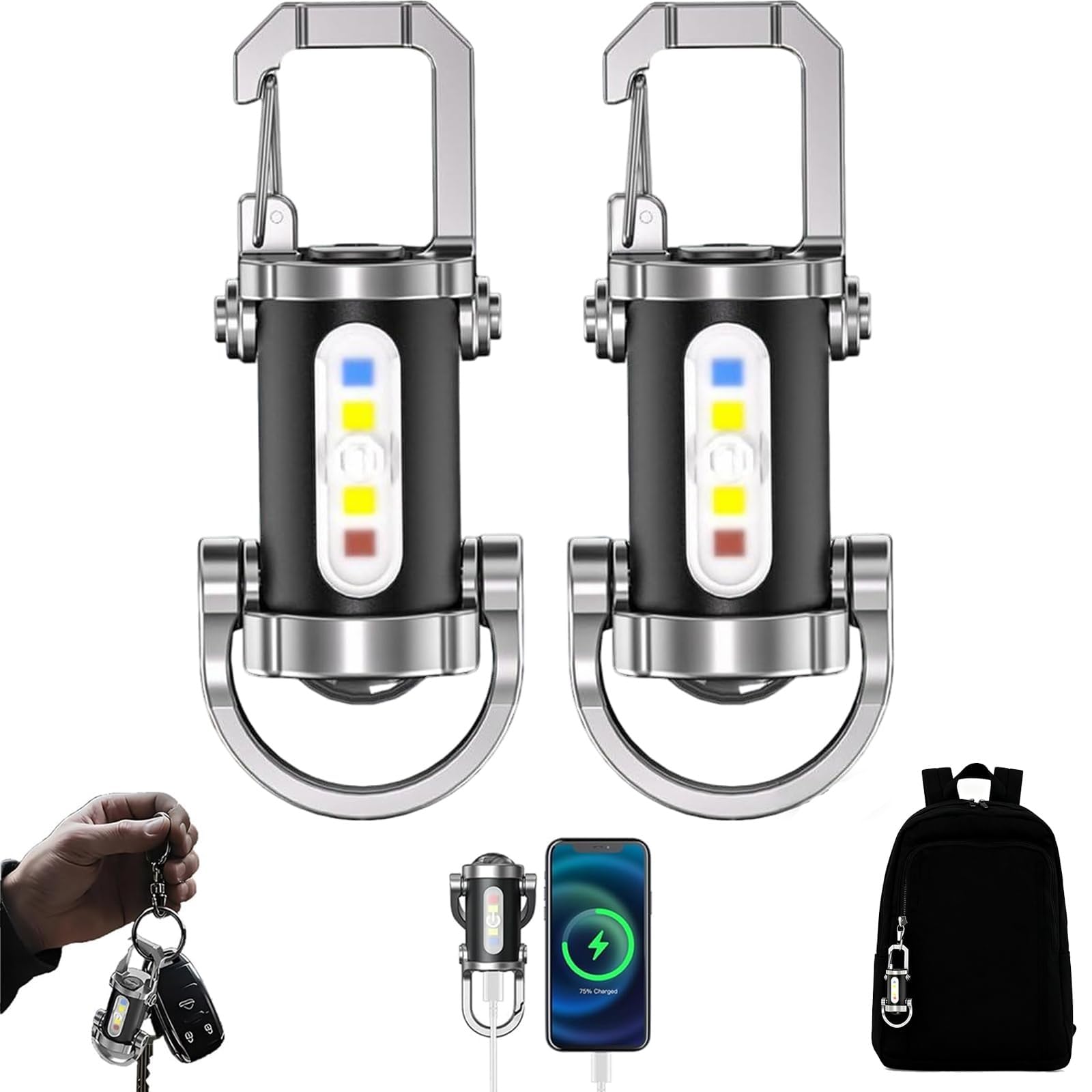 1200 Lumen Keychain Flashlight & Phone Charger, USB-C Rechargeable Mini EDC Light, 7 Modes, Carabiner Clip, Weather-Resistant, Pocket Torch for Camping, Hiking & Emergencies(2pcs)