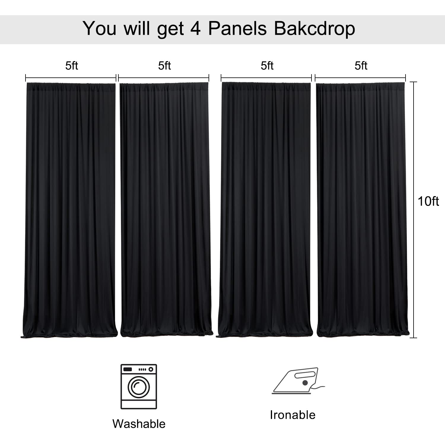 20ft x 10ft Wrinkle Free Black Backdrop Curtains for Parties, 4 Panels 5x10ft Silky Polyester Black Photo Backdrop Drapes for Wedding Graduation Birthday Party Photography Background — view 5