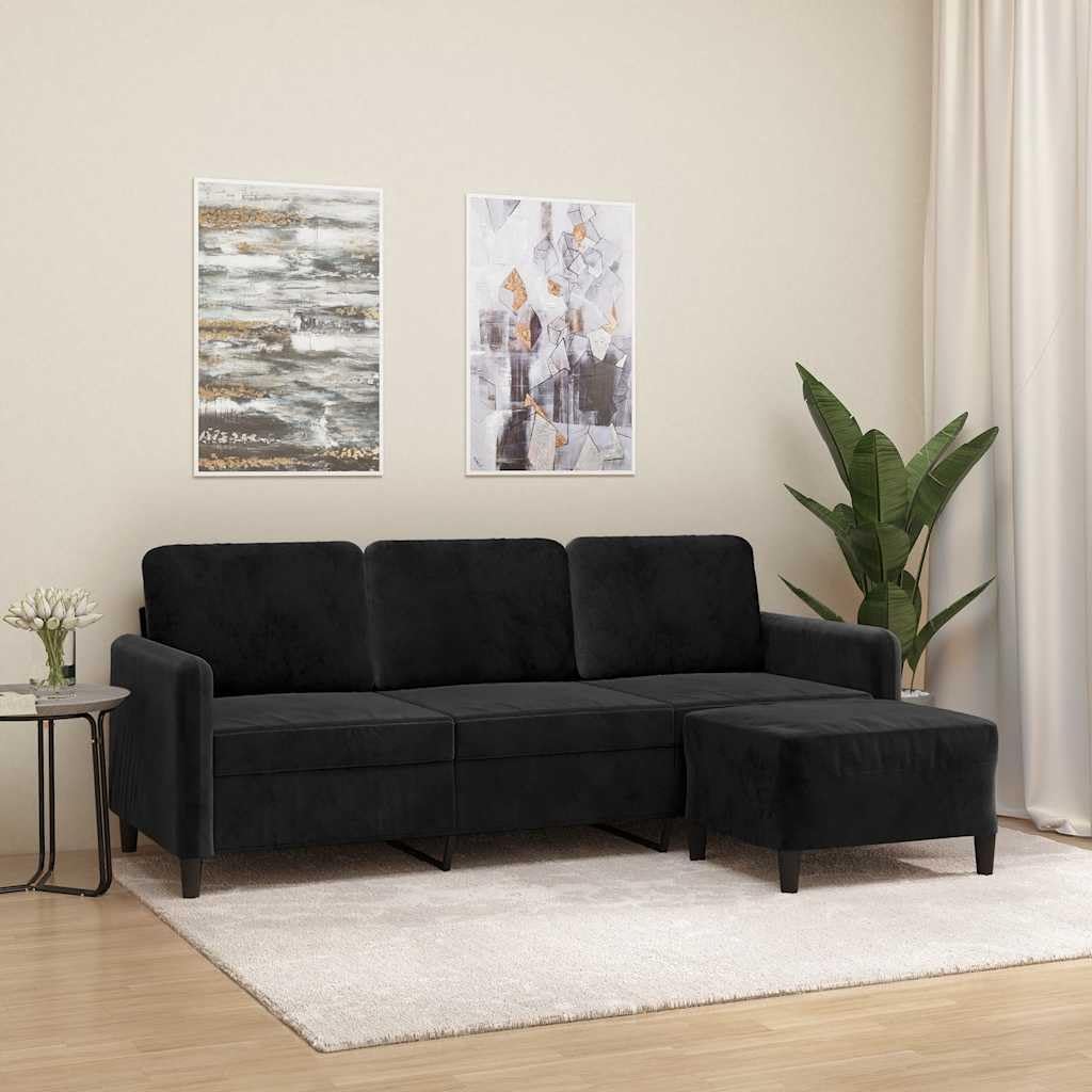 Sofa 3-osobowa z taboretem, czarny aksamit, 198 x 77 x 80 cm, tapicerka do salonu, z wygodną tapicerką, podłokietnikami i oparciem, wszechstronna otomana do biura i mieszkania