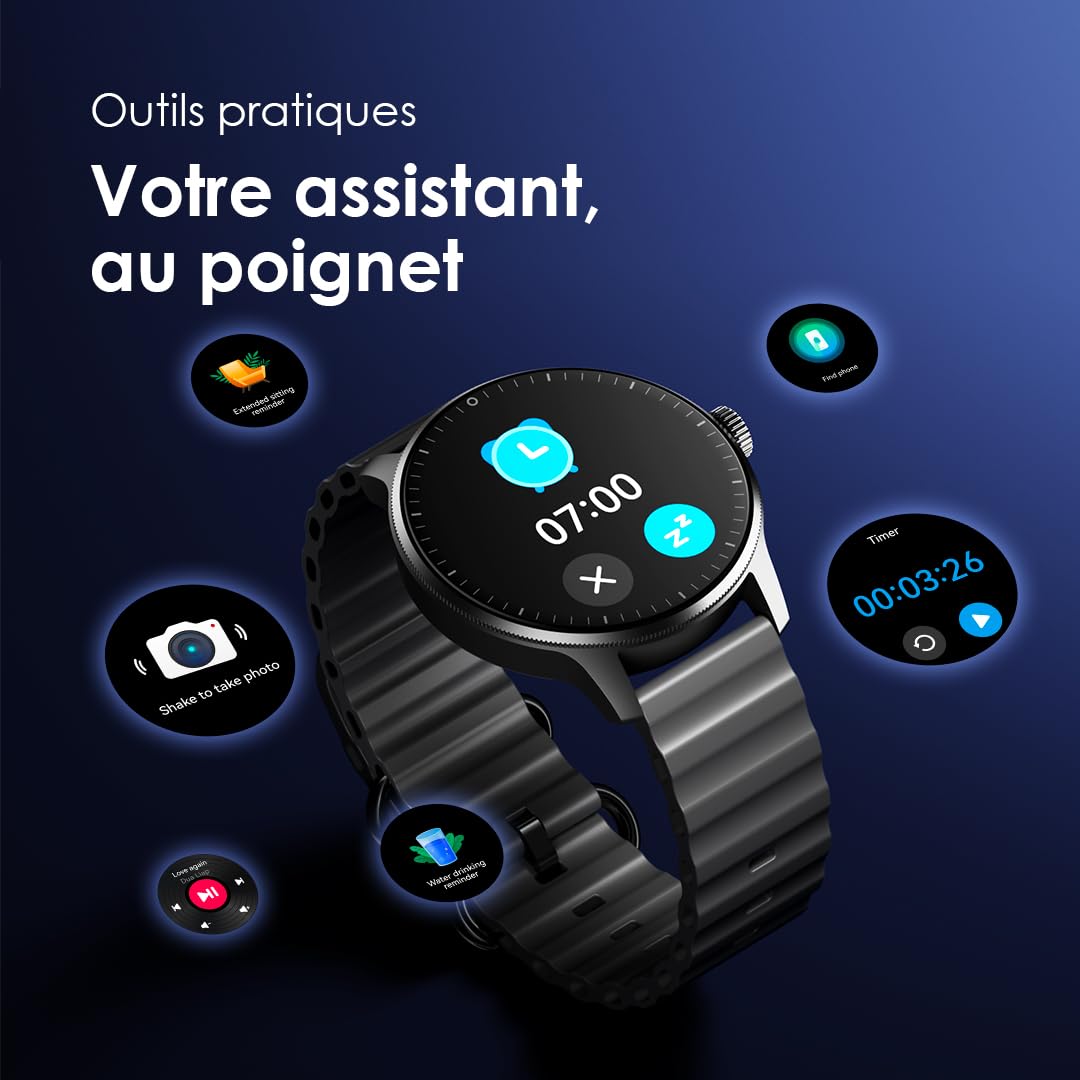 oraimo Montre Connectée Écran AMOLED 1,43 Pouce Appels Bluetooth 5.3 Batterie 11 Jours Suivi Rythme Cardiaque SpO2 Étanche IP68 Mode Sport Homme Femme Notification Android 6.0 iOS 11 Noir