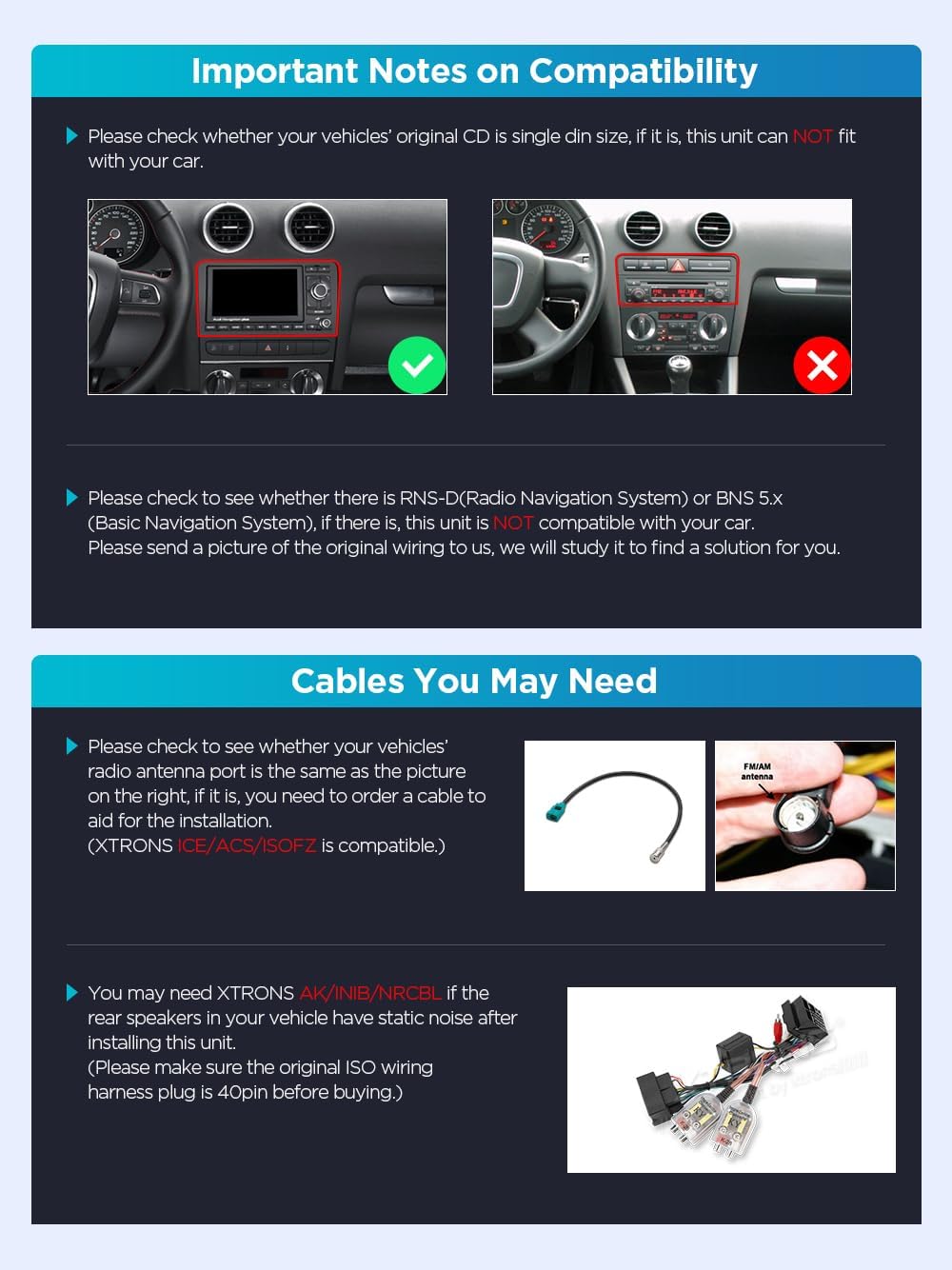 Images illustrating single DIN compatibility, incompatible navigation systems, and required cables for installation.