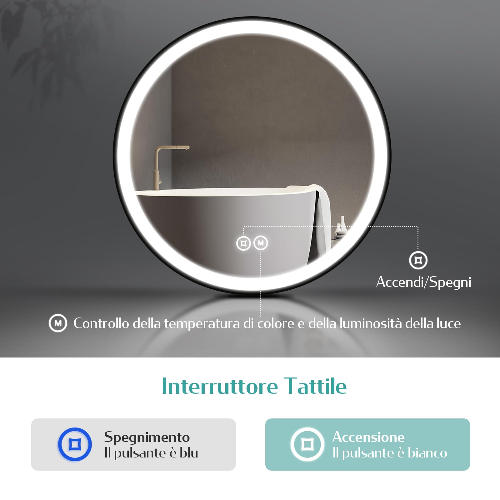 EMKE Specchio Bagno Rotondo con Luce 50 cm, Interruttore Tattile | Specchio Bagno LED con Bianca Fredda 6500K / Calda 3000K / Neutra 4000K