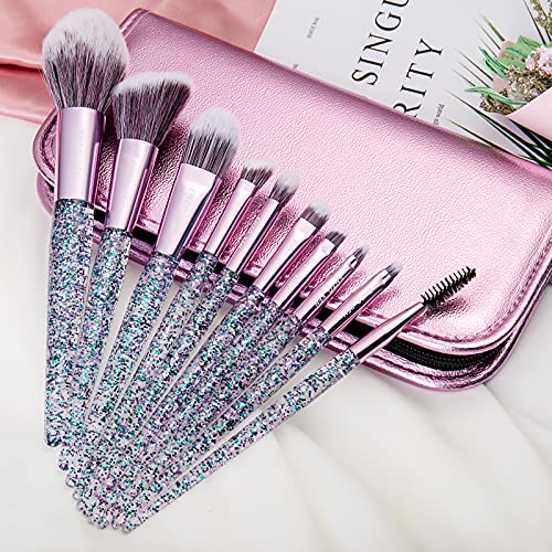 Vegan Glitter Makeup Brush Set With Case, Natural Plant Fiber Hair Eyeshadow Brushes By Enzo Ken, Sparkly Eye Shadow Brush Set Purple With Travel Bag- Bedazzled Glittery Crystal Face Contour Bronzer Blending Complete Brushes & Kits #TOP7