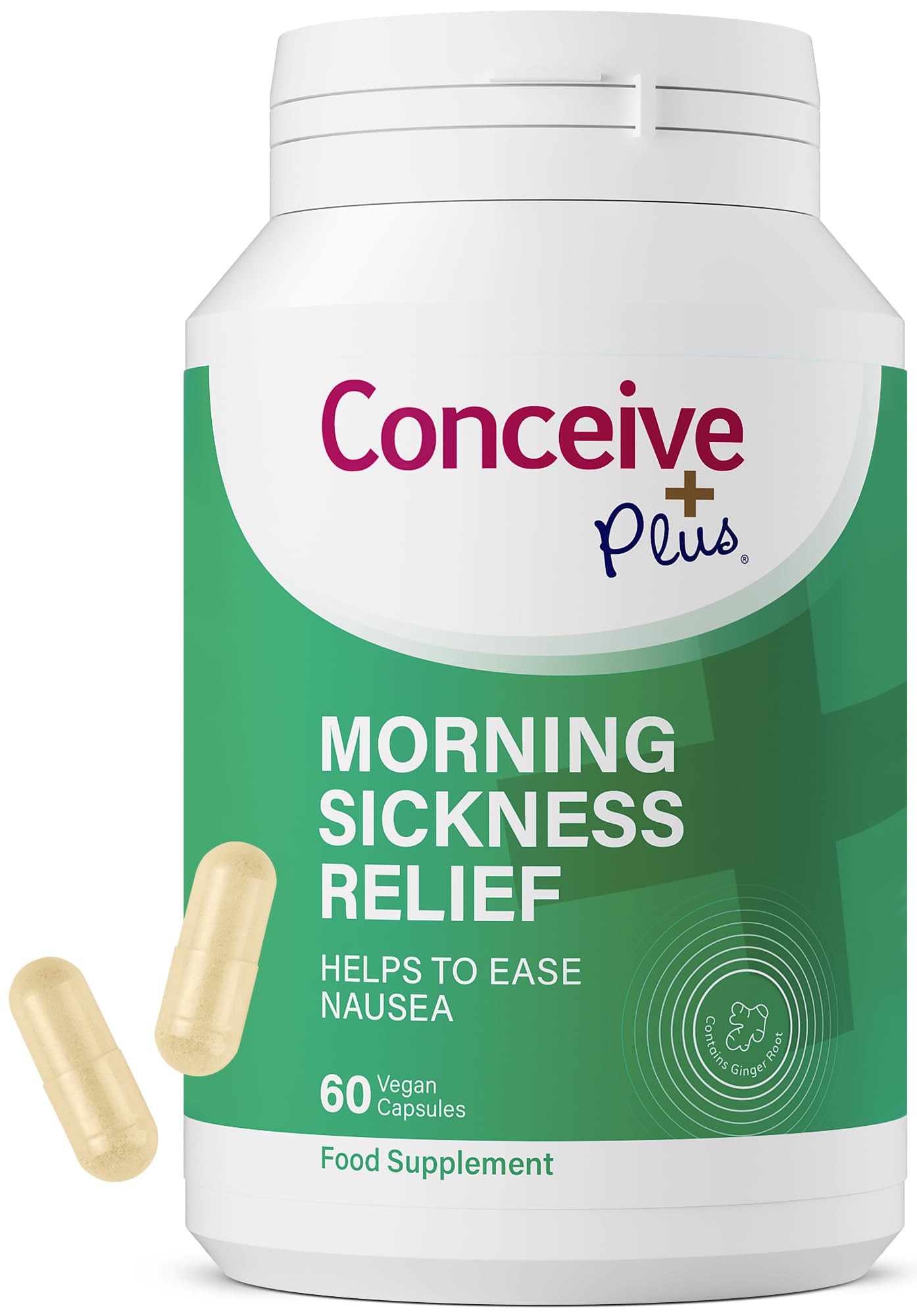 Conceive Plus Morning Sickness Relief - Pure Dried Ginger Powder - Nausea, Motion, and Stomach Discomfort Relief for Pregnancy - Essential for Expecting Moms - Non-GMO - 60 Vegan Capsules