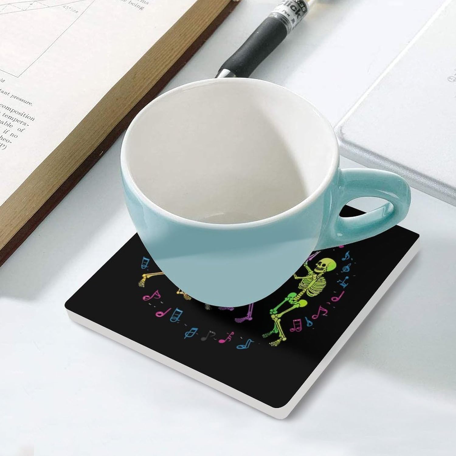 Colorful Skeleton Dance Coasters for Drinks Square Table Coasters Set Cup Mats with Cork Base