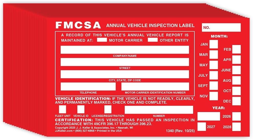 J. J. Keller 20-Pack, Aluminum Annual Vehicle Inspection Label with Punch Boxes, Red FMCSA Label, DOT Compliant