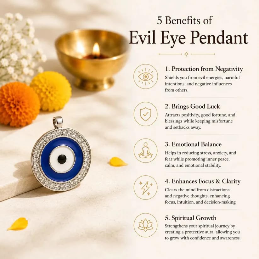 Image of Evil Eye Pendant for Protection & Positive Energy | Round Blue Nazar Pendant with Crystal Border | Unisex Spiritual Lucky Charm Necklace Pendants Gift