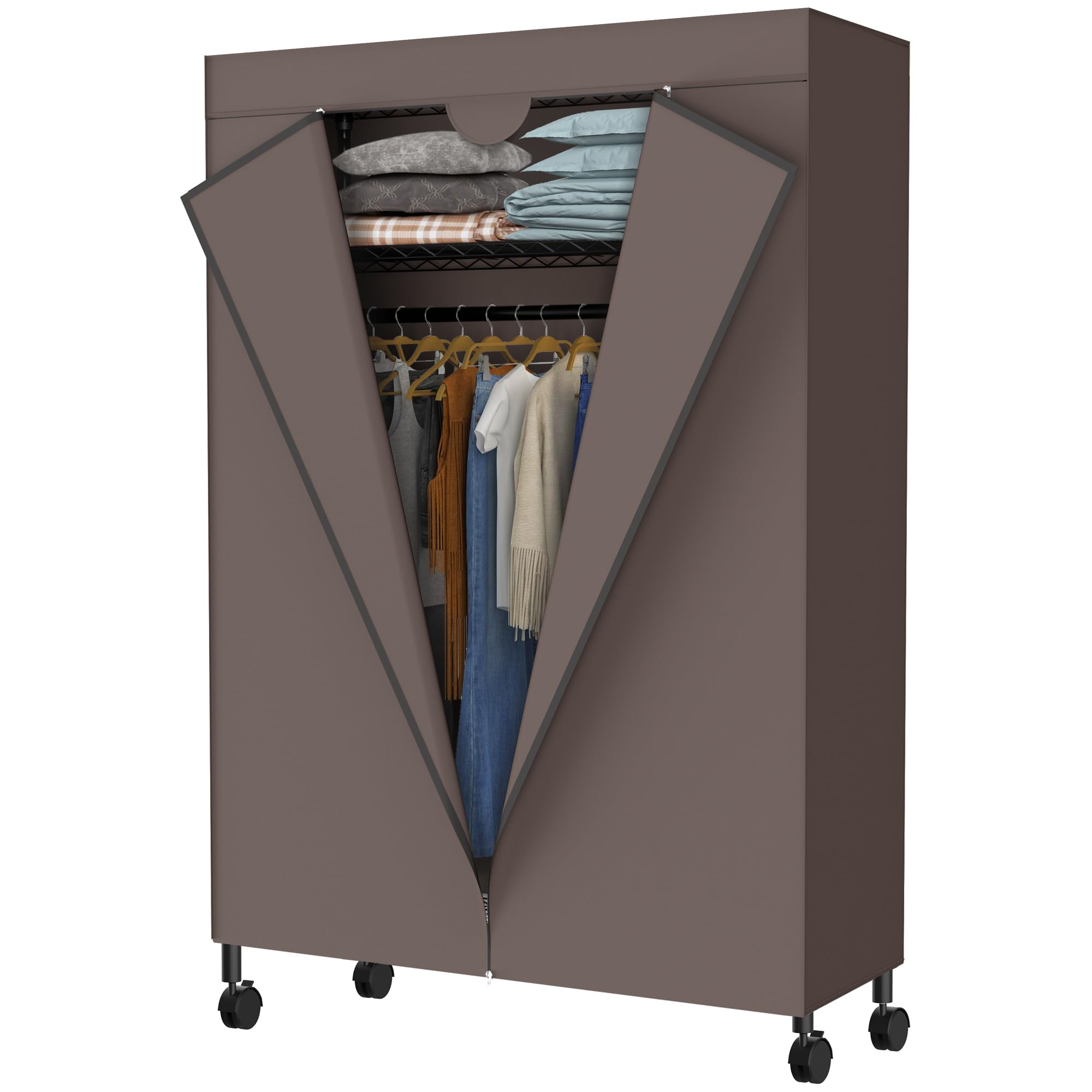 JS HOME Heavy Duty Garment Rack, Free-Standing Rolling Clothes Rack with Fitted Brown Oxford Cover, Extra Large Wardrobe Storage Rack/Organizer