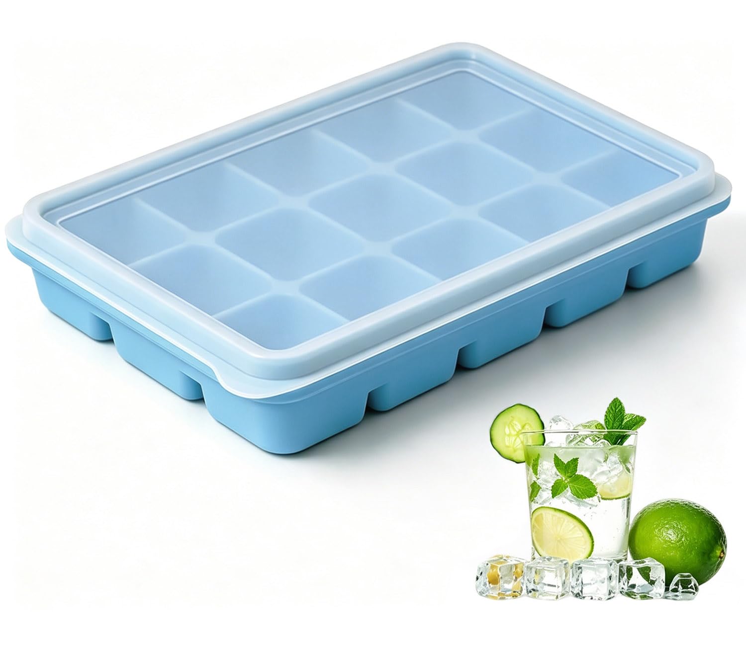 Azxb Ice Cube Trays with Lid, 1 Pack 15 Cubes Easy Release Stackable Flexible Silicone Ice Cube Trays for Freezer with Removable Silicone Lid for Baby Food, Whiskey, Cocktail, Coffee, BPA Free