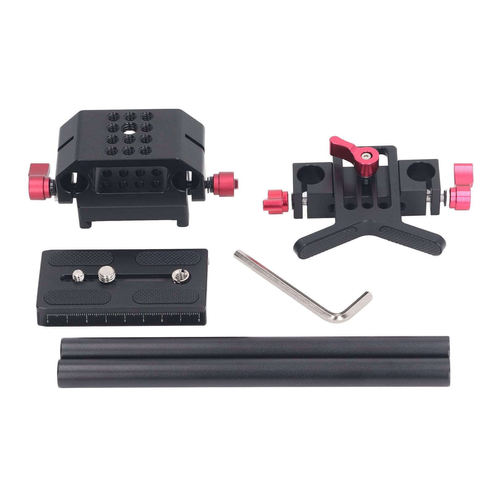 Supporto per Treppiede a Sgancio Rapido per Fotocamere DSLR, Kit di Accessori per Riprese Cinematografiche Vlog con Supporto per Obiettivo Regolabile e a Doppia Asta,