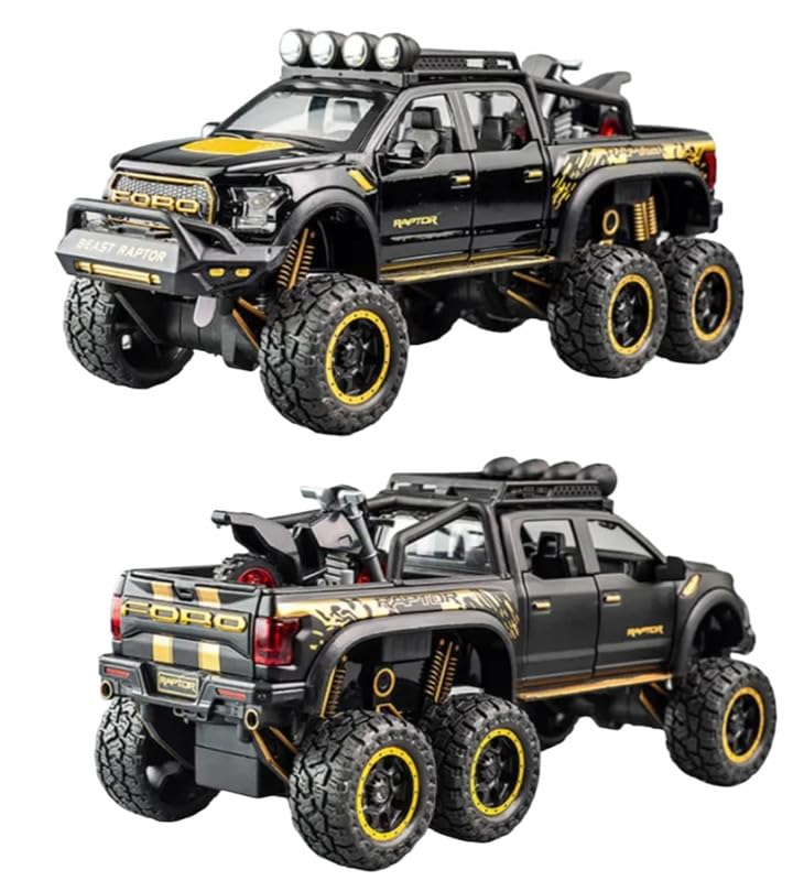 Image of Play Boy 1:28 Ford Raptor F150 Model Diecast Metal Alloy Pullback Toy Vehicle with Openable Doors Light and Music Car for Kids (Multicolor)