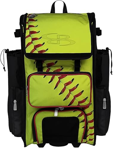 Boombah Rolling Superpack Bolsa de equipo de béisbol/sóftbol - 23-1/2" x 13-1/2" x 9-1/2" - Softbol Homerun Optic Yellow/Black/Red - Mango