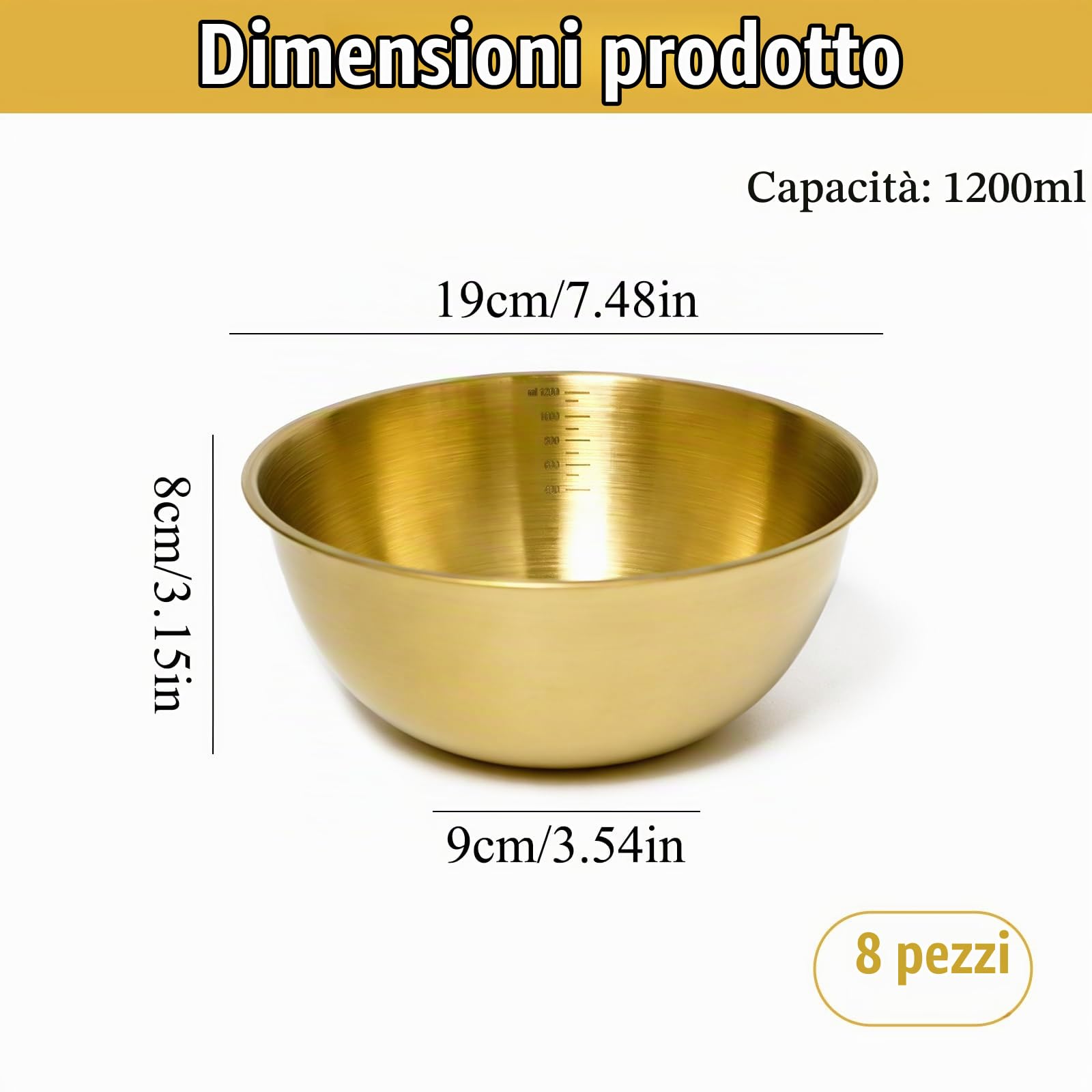8 Pezzi Ciotole Cucina Oro in Acciaio Inox 19 cm Ciotola Insalata Dorato con 1.2L Scala Ciotole Impilabili Oro Ciotola Miscelatore Acciaio Inox per Insalata Ramen Zuppa Frutta (19 x 8 cm)