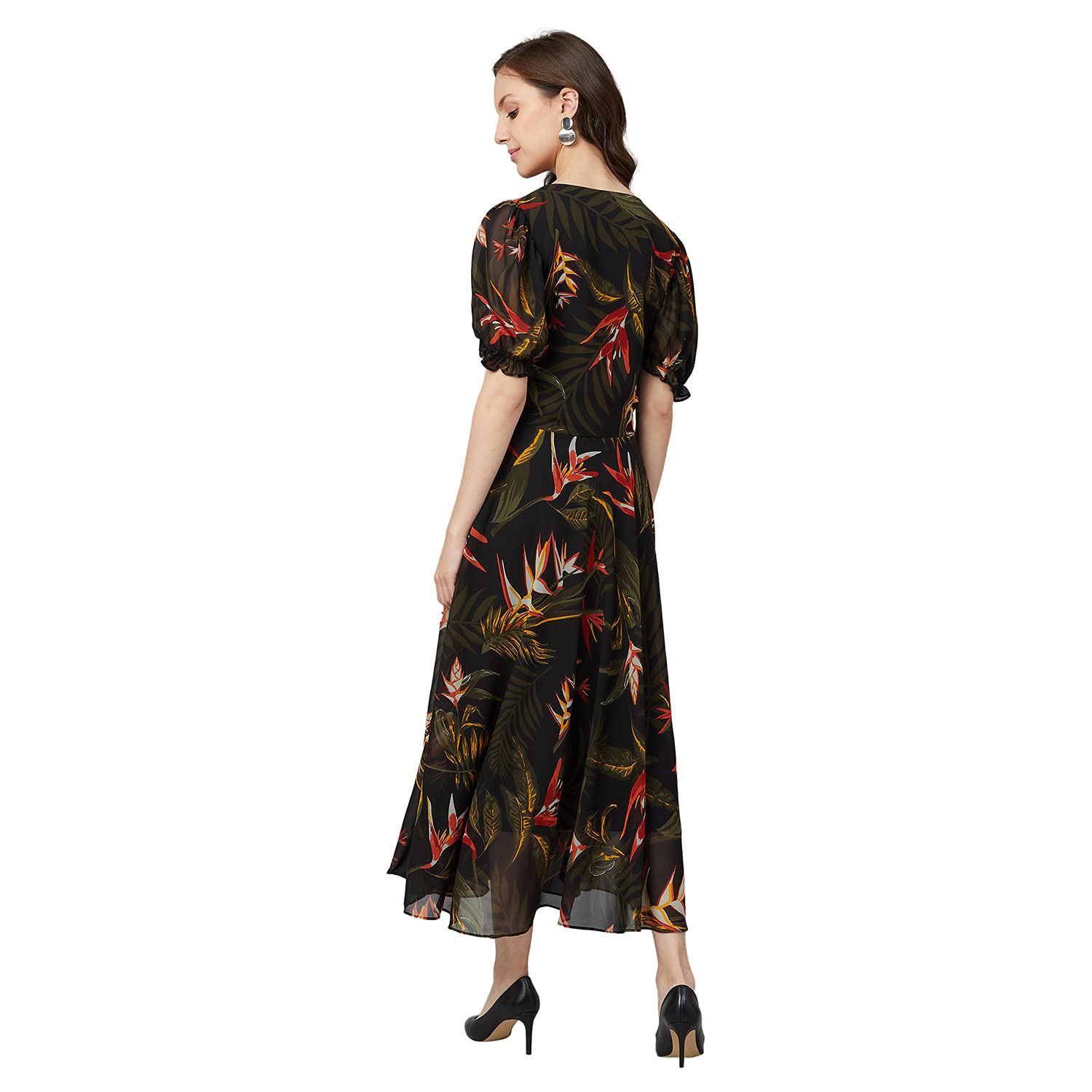Rare Women's Georgette Fit And Flare Midi Casual Dress (Ep6504_Black_Medium)