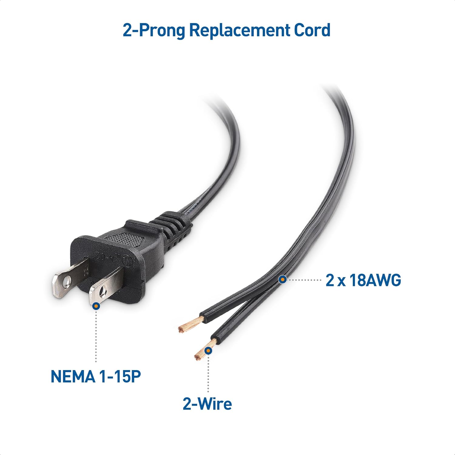 Cable Matters 2-Pack Polarized 18AWG 2 Prong Replacement Cord Lamp Wire 8 ft - 10A, NEMA 1-15P to 2 Wire for Lamp Cord Replacement with Plug