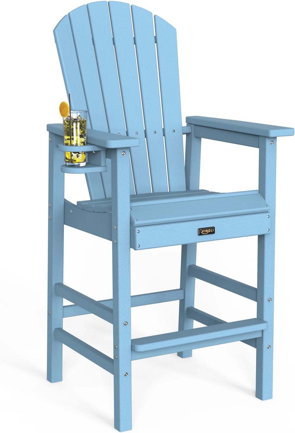 VINGLI Tall Adirondack Chair HDPE Adirondack Bar Stools with Cup Holder 1 PC, Poly Deck Chairs Outdoor Bar Stools, 350LBS (Blue, 1 PCS)