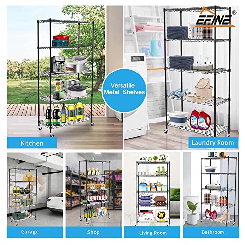 Efine 5-Shelf Shelving Units And Storage On Wheels With Shelf Liners Set Of 5, Nsf Certified, Adjustable Carbon Steel Wire Shelving Unit Rack For Garage, Kitchen, Office(63H X 30W X 14D) #TOP5