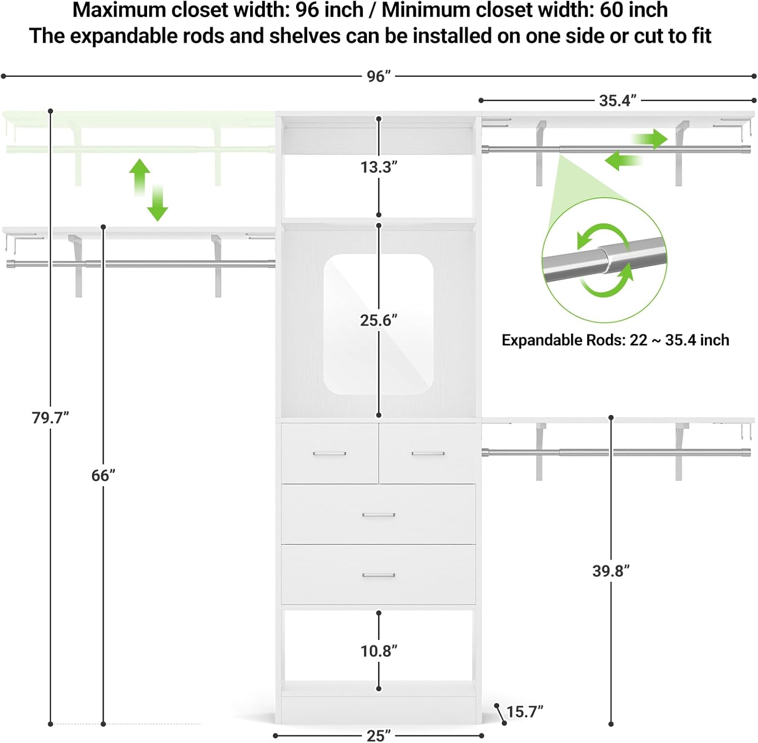 Detailed diagram of the Unikito closet system dimensions, highlighting expandable rods and overall measurements.