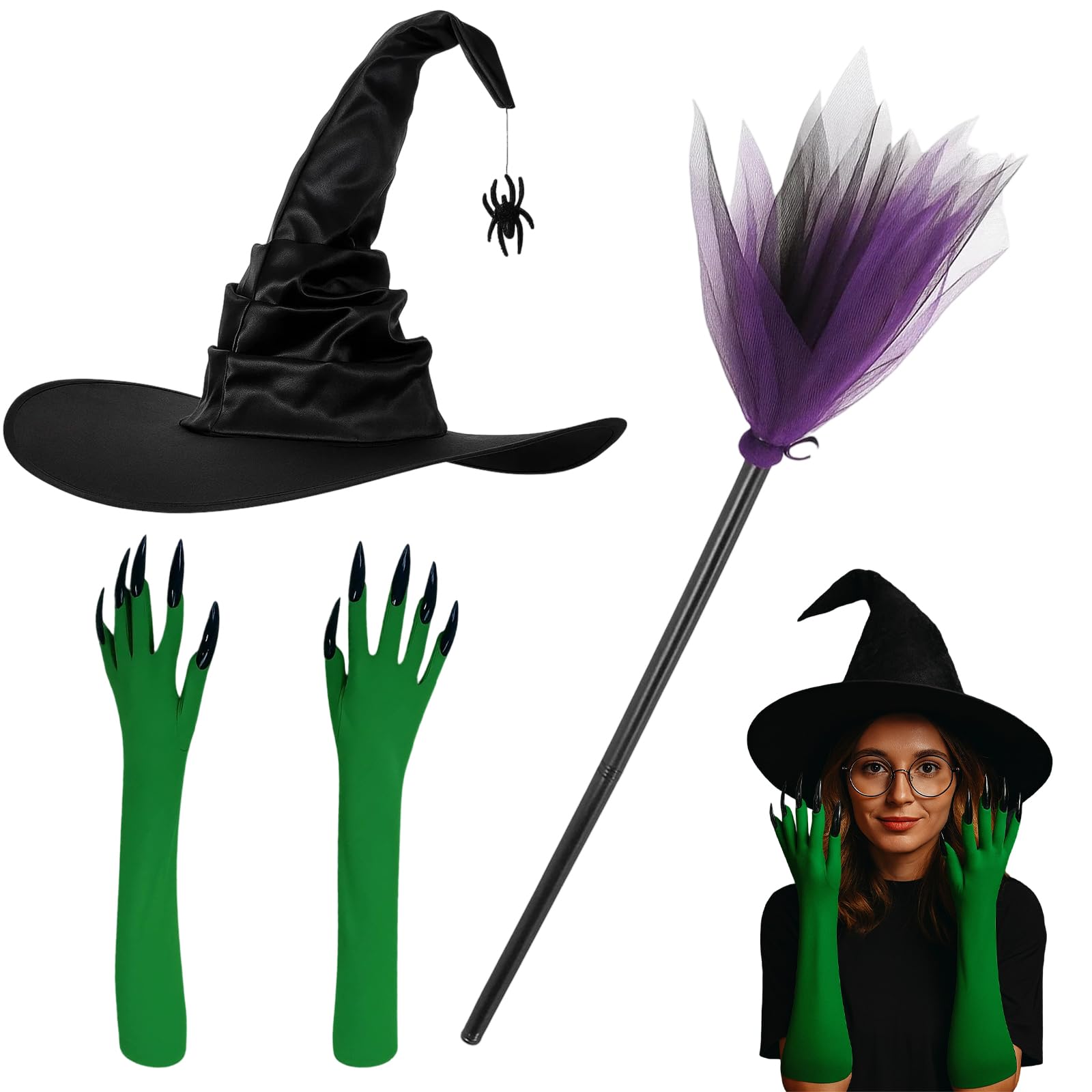 EujRcf 3Pcs Set Witches Hat, Witch Hat, Witch Hat with Broom and Gloves Set, Costume Accessories, Black Pointed for Halloween Costume Accessories for Adults and Teens, Halloween Party