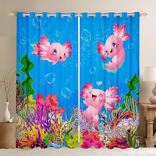 Lindas cortinas de ventana de ajolote para adolescentes y mujeres, cortinas de salamandra de dibujos animados para dormitorio, cortinas de mundo submarino para sala de estar, cortinas de tratamiento