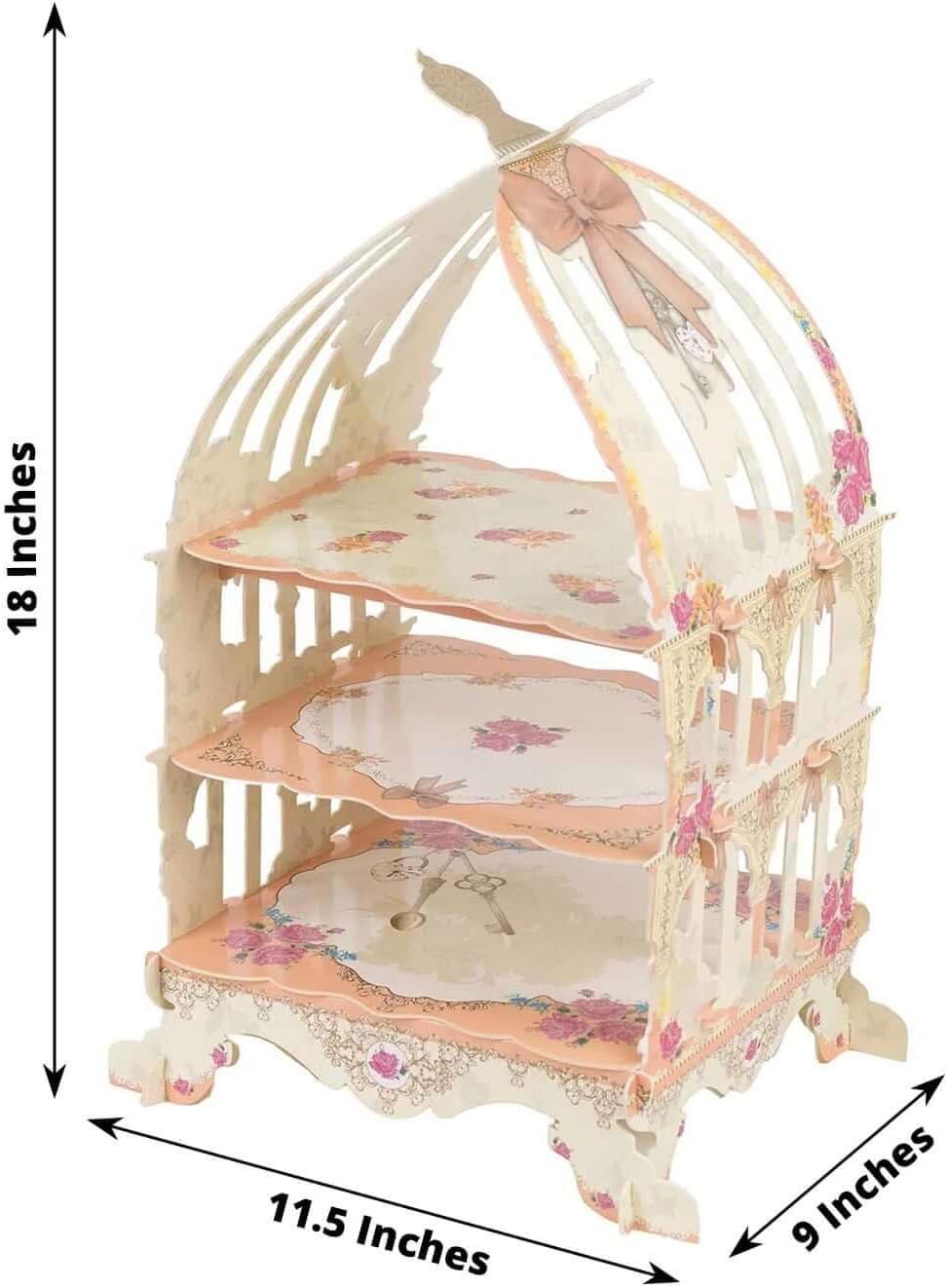 Efavormart 3 Tier White Peach Birdcage Cardboard Cupcake Stand with Floral Print, Cake Display Dessert Holder - 18"