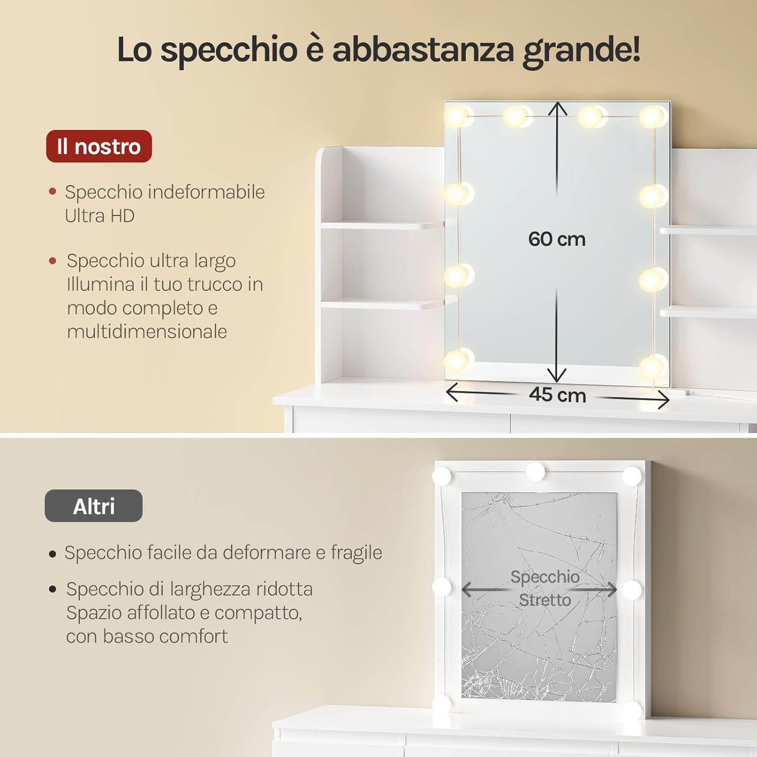 WOLTU Toeletta con Specchio e Luci LED, Postazione Trucco con 10 Lampadine Dimmerabili, Scrivania da Trucco con 2 Cassetti e 4 Ripiani, Tavolo da Camera da Letto, Legno, 90x40x135cm, Bianco