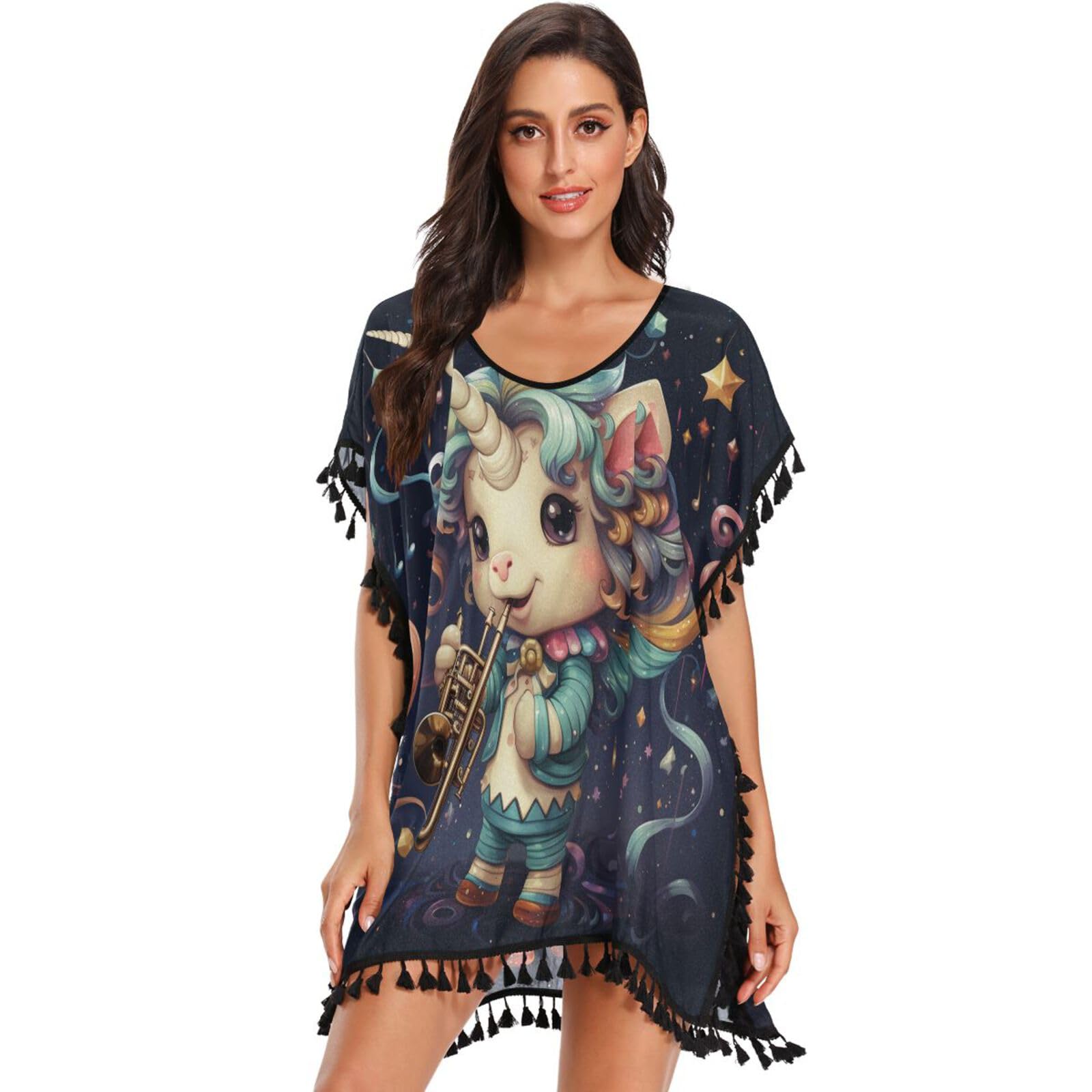 Cartoon Unicorn Violin Women's Beach Cover Up Chiffon Tassel Swimwear Swimsuit Coverups for Girl