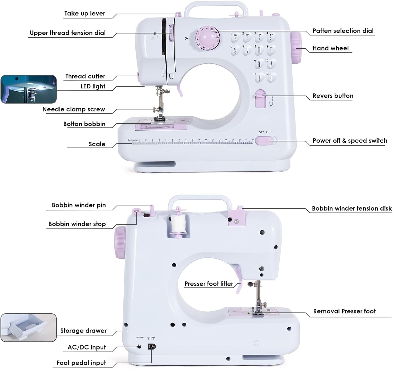Todeco - Máquina de coser portátil con cajón, máquina de coser para principiantes con 12 programas de costura con kit de costura y pedales, color morado