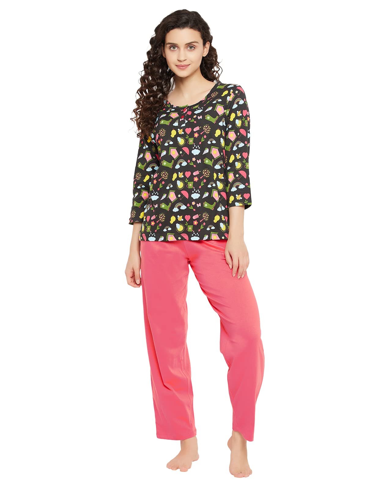 clovia Cotton Women's Print Me Pretty Top & Solid Pajama Set-picture-49