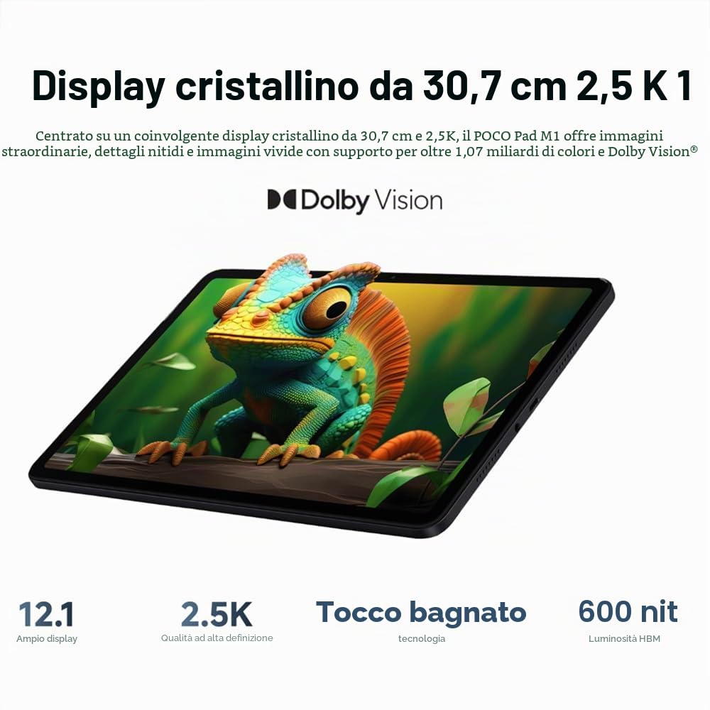 XIAOMI Tablet POCO Pad M1, 12.1", 8+256 GB, Nero, HyperOS 2, 33W, Display IPS LCD, 12000 mAh, Display 12.1" 2.5K 120 Hz, Dolby Atmos, Protezione Occhi, Snapdragon 7s Gen 4, Senza NFC, con Caricatore