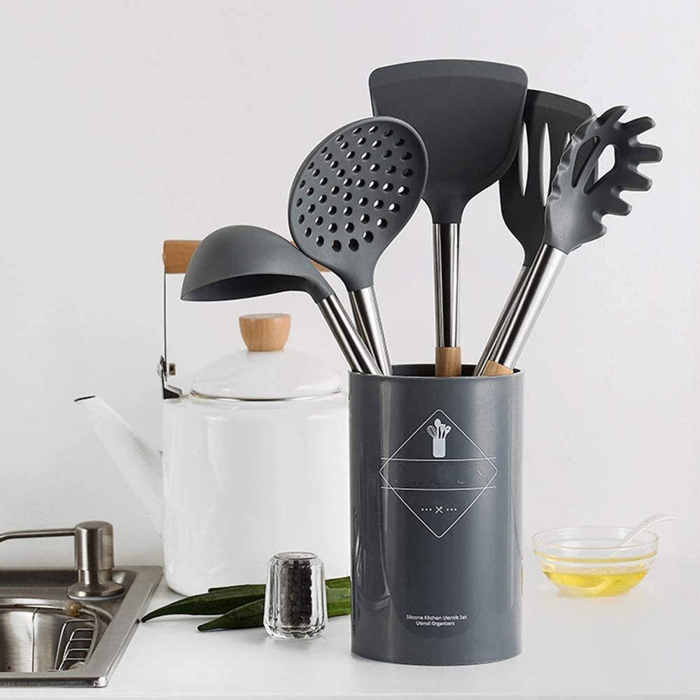 Juego de Utensilios de Silicona duraderos, espátula, Pala, Cuchara para Sopa con Mango de Madera, diseño Resistente al Calor, Herramientas de Cocina