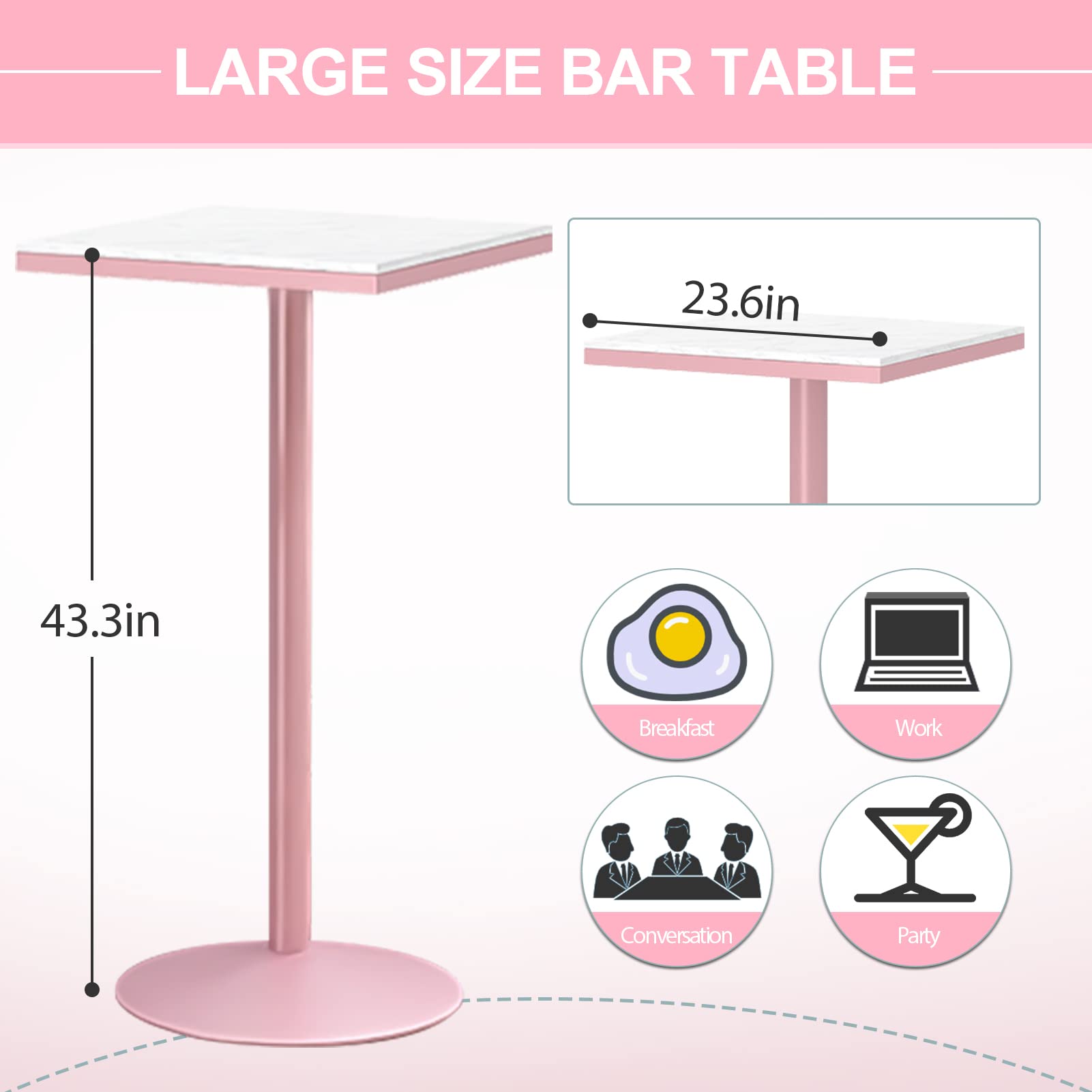 Stół barowy z marmurowym blatem, 110 cm, stół pubowy na śniadanie, kolację, kawę, drzemkę, konferencję, różowy, meble wewnętrzne/zewnętrzne, idealny do sklepu z deserami z herbatą mleczną