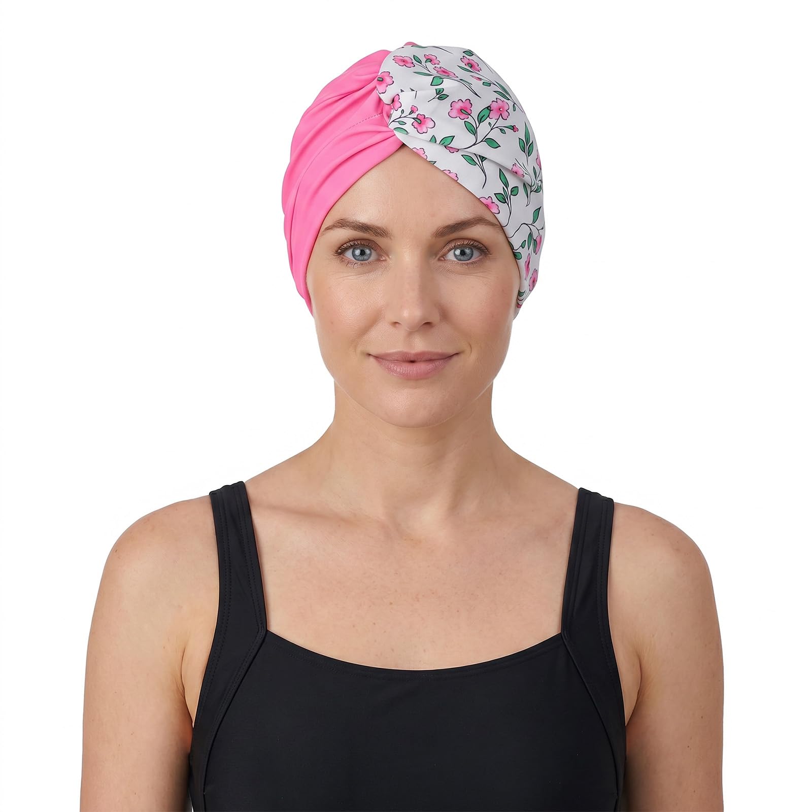 Womens Pleated Elastic Swim Cap Large Size Floral Print Non-Tight Stretch Cap Long Hair Pool & Beach Travel Headwear