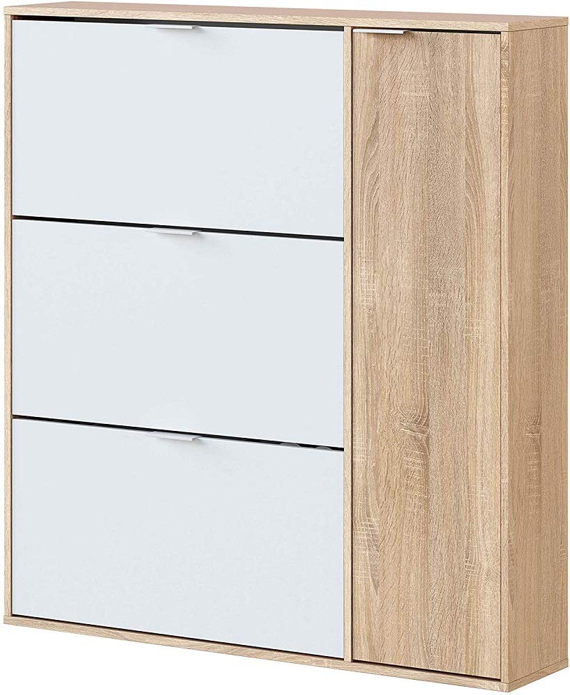 Mobile scarpiera 115Hx106Lx22P Cm 3 ante a ribalta e 1 anta con 5 ripiani interni colore rovere e bianco capacità 30 paia