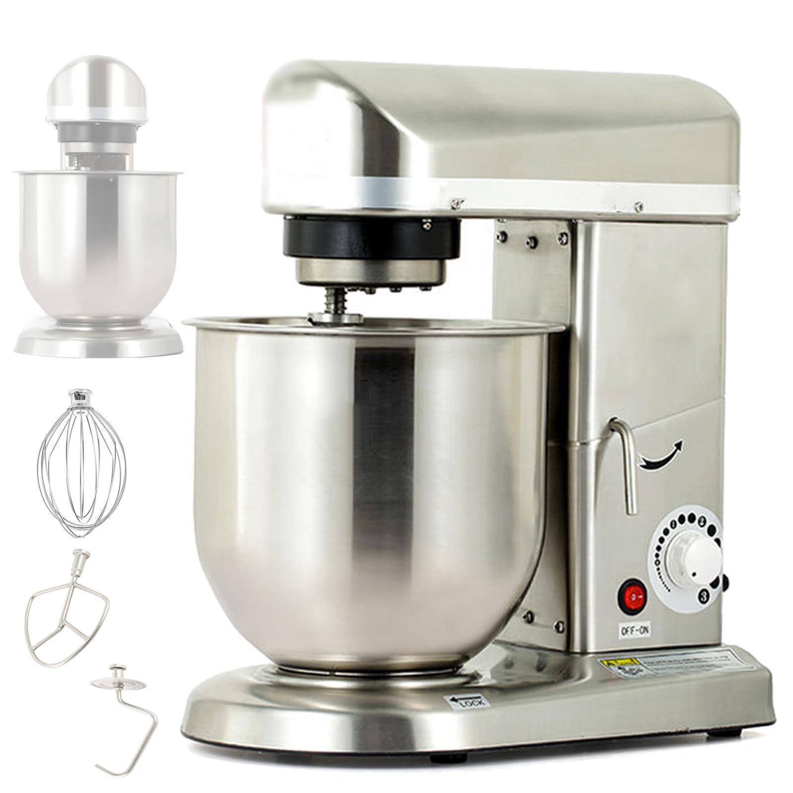 Impastatrice elettrica da Cucina - Ciotola in Acciaio Inox da 5L/7L con Frusta, Gancio impastatore e sbattitore - Impastatrice Professionale per Pasticceria, Pizzeria, Ristorante, 5L