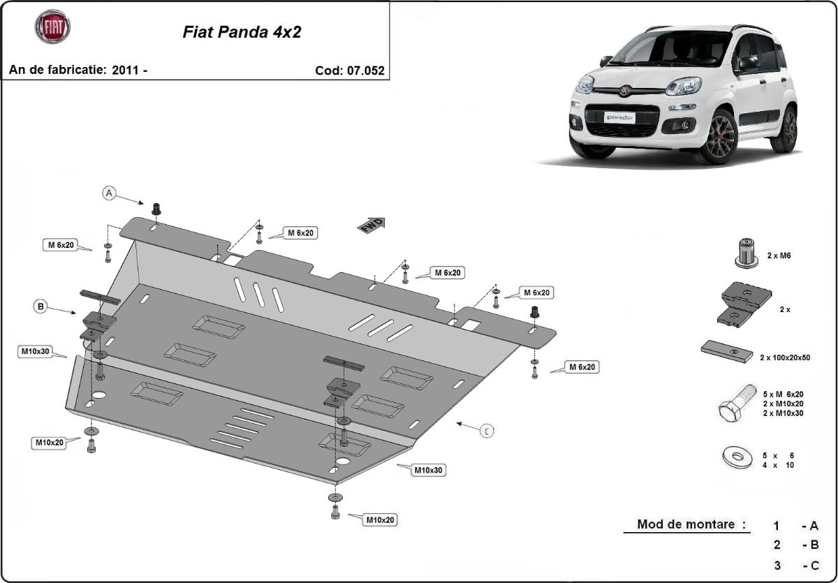 Protezione sottoscocca motore in acciaio compatibile con Fiat Panda 4 x 2 (2011-2025)