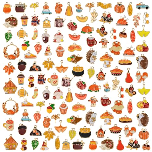 MEDIHOOL 132 Pcs Fall Charms for Jewelry Making 66 Style Thanksgiving Charms Assortment with Maple Leaf Turkey Pumpkin for for Jewelry Making DIY Necklace Bracelet Crafting Kit Crafts