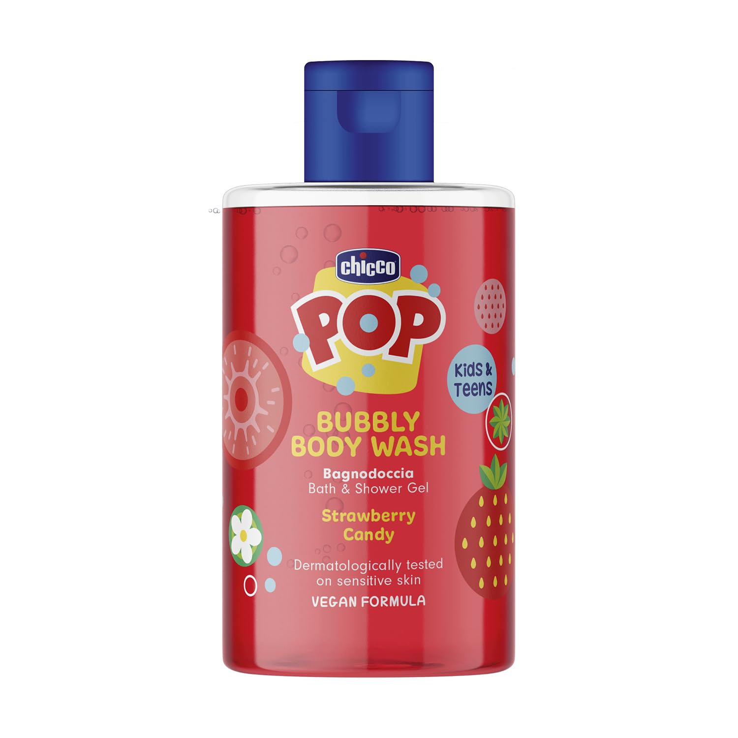 Chicco POP Bubbly Bagnodoccia Fragola Candy, Bagnoschiuma per Bambini, Bagnoschiuma Profumato, Bagnodoccia Delicato, Formula Vegana, Dermatologicamente Testato, Per Pelli Sensibili, Profumato, 300 ml